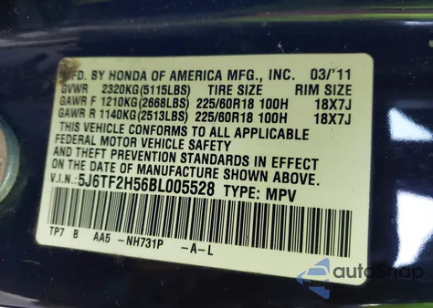 2011 Honda Accord Crosstour Ex-L from USA, damaged, VIN 5J6TF2H56BL005528